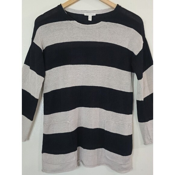 Eileen Fisher Organic Linen Sweater Women Size XXS Striped Beige Coastal Preppy - Picture 5 of 11
